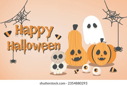 happy Halloween, banners in a flat style, Vector cute illustrations of objects: pumpkin head, Funny Halloween personage. Templates for the invitation, advertising, and poster.