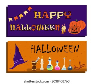 Happy halloween banners, great design for any purposes. Banners, posters, greeting cards. Holiday cards. Vector illustration.