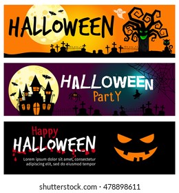 Happy halloween banners. Halloween invitations with dramatic landscape with moon in sky and blood vector illustration