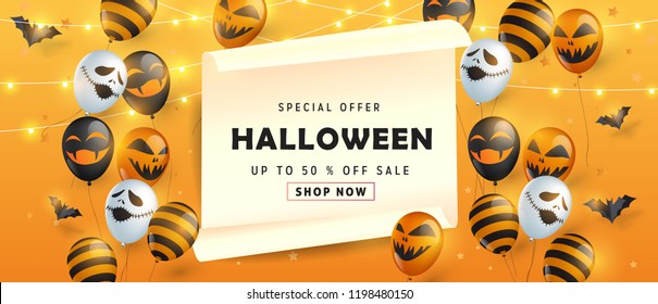 Happy Halloween banners party invitation or sale poster background with Glowing lights and halloween balloons.Vector illustration .