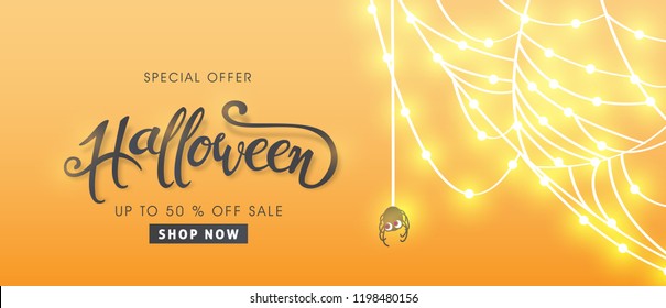 Happy Halloween banners party invitation or sale poster background with Cobweb glowing lights .Vector illustration .calligraphy of "halloween"