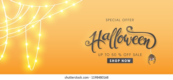 Happy Halloween banners party invitation or sale poster background with Cobweb glowing lights .Vector illustration .calligraphy of "halloween"