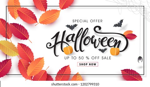 Happy Halloween banners party invitation or sale poster background with Cobweb and autumn leaf .Vector illustration .Calligraphy of "halloween".