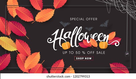 Happy Halloween banners party invitation or sale poster background with Cobweb and autumn leaf .Vector illustration .Calligraphy of "halloween". Happy Halloween banners party invitation or sale poster background with Cobweb and autumn leaf .Vector illustration .Calligraphy of "halloween".