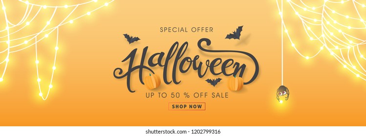 Happy Halloween banners party invitation or sale poster background with Cobweb glowing lights .Vector illustration .Calligraphy of "halloween".