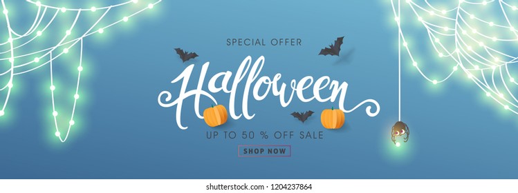 Happy Halloween banners party invitation or sale poster background with Cobweb glowing lights .Vector illustration .