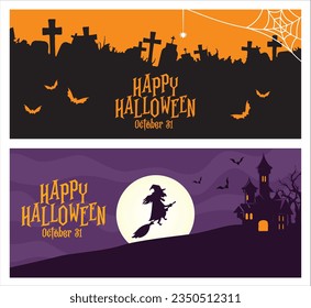 Happy Halloween Banners Set with Cemetery and Haunted House. Vector illustration. Full moon, spider web, bats, graves and witch. Party invitation background