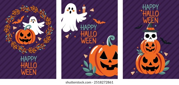 Happy Halloween banners set. For kids party, invitation, banner, cover, postcards, printing and social media post. Background with ghosts, bats and pumpkins in flat design.