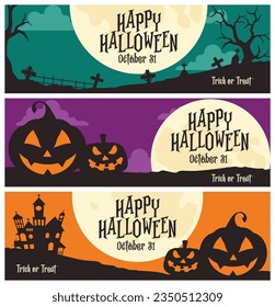Happy Halloween Banners Set with Pumpkin, Cemetery and Haunted House. Vector illustration. Full moon, graves and trees. 31 October