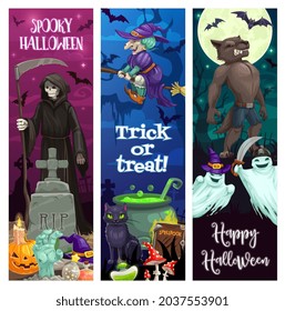 Happy Halloween banners with spooky monsters. Death grim reaper with scythe on cemetery, witch on broom and werewolf, ghosts, black cat and cauldron cartoon vector. Halloween trick or treat posters