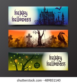 happy halloween banners. Terrible 
night landscape with castle,cemetery, tree and moon. 