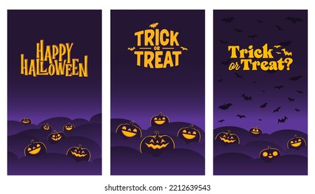 Happy Halloween banners. Vertical design for social media posts. Carved shinning pumpkins. Trick or treat.