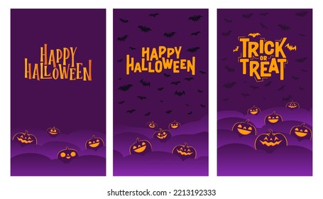 Happy Halloween banners. Vertical design for social media posts. Carved shinning pumpkins. Trick or treat.