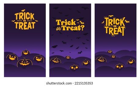 Happy Halloween banners. Vertical design for social media posts. Carved shinning pumpkins. Trick or treat.