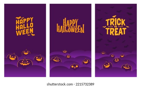 Happy Halloween banners. Vertical design for social media posts. Carved shinning pumpkins. Trick or treat.