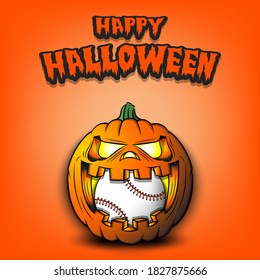 Happy Halloween. Baseball ball inside frightening pumpkin. The pumpkin swallowed the ball with burning eyes. Design template for banner, poster, greeting card, party invitation. Vector illustration