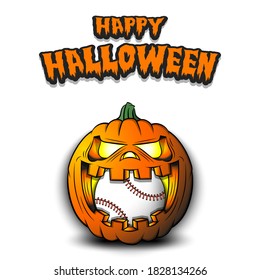 Happy Halloween. Baseball ball inside frightening pumpkin. The pumpkin swallowed the ball with burning eyes. Design template for banner, poster, greeting card, party invitation. Vector illustration