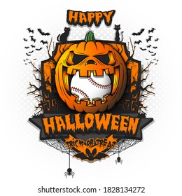 Happy Halloween. Baseball ball inside frightening pumpkin. Cats, bats, spiders, trees, crosses. Design template for banner, poster, greeting card, flyer, party invitation. Vector illustration