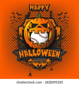 Happy Halloween. Baseball ball inside frightening pumpkin. Cats, bats, spiders, trees, crosses. Design template for banner, poster, greeting card, flyer, party invitation. Vector illustration