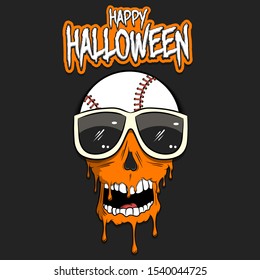 Happy Halloween. Baseball ball with skull in sunglasses with paint. Graffiti illustration of baseball ball with skull on isolated background. Skull art image. Vector illustration