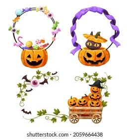 Happy Halloween basket frame or party invitation background pumpkin and candy in flat style. Photo frame candy with jack-o-lantern and bat character. Place text in frame