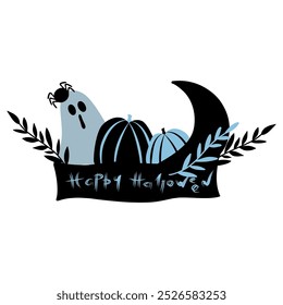 Happy halloween basket full of pumpkins, half moon and a ghost vector illustration, blue color