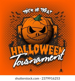 Happy Halloween. Basketball ball in the form of a pumpkin. Cats, bats, spiders, trees, crosses. Design template for banner, poster, greeting card, flyer, party invitation. Vector illustration