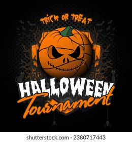 Happy Halloween. Basketball ball in the form of a pumpkin. Cats, bats, spiders, trees, crosses. Design template for banner, poster, greeting card, flyer, party invitation. Vector illustration