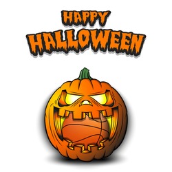 Happy Halloween. Basketball Ball Inside Frightening Pumpkin. The Pumpkin Swallowed The Ball With Burning Eyes. Design Template For Banner, Poster, Greeting Card, Party Invitation. Vector Illustration