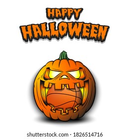 Happy Halloween. Basketball ball inside frightening pumpkin. The pumpkin swallowed the ball with burning eyes. Design template for banner, poster, greeting card, party invitation. Vector illustration