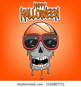 Happy Halloween. Basketball ball with skull in sunglasses with paint. Graffiti illustration of basketball ball with skull on isolated background. Skull art image. Vector illustration