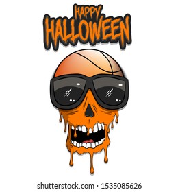 Happy Halloween. Basketball ball with skull in sunglasses with paint. Graffiti illustration of basketball ball with skull on isolated background. Skull art image. Vector illustration