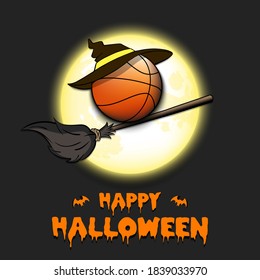 Happy Halloween. Basketball ball with witch hat on a broomstick against the background of the moon. Pattern for banner, poster, greeting card, flyer, party invitation. Vector illustration