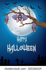 Happy halloween. bat cartoon sleeping and fly at night with full moon background