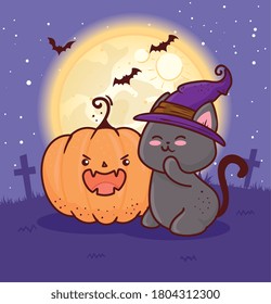 happy halloween, bat with cute cat using hat witch in cemetery vector illustration design