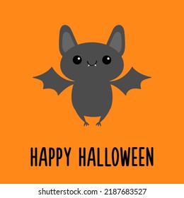 Happy Halloween. Bat flying. Cute cartoon kawaii funny baby animal charater. Greeting card. Flat design. Orange background. Isolated. Vector illustration.