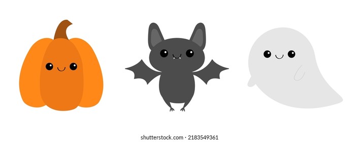 Fröhliches Halloween. Bat, Geist, Kürbis mit Gesicht. Cute Cartoon kawaii lustige Babyfigur Set. Flaches Design. Weißer Hintergrund. Einzeln. Vektorgrafik