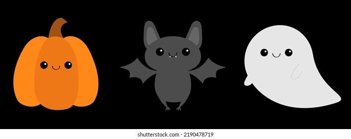 Happy Halloween. Bat, Ghost Spirit, Pumpkin With Face. Cute Cartoon Kawaii Funny Baby Character Set. Flat Design. Black Background. Isolated. Vector Illustration