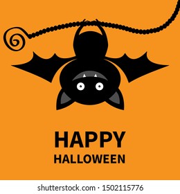 Happy Halloween. Bat hanging. Cute cartoon kawaii funny baby character with open wings. Black silhouette. Forest animal. Flat design. Orange background. Isolated. Greeting card. Vector illustration