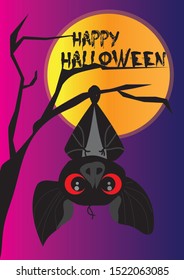 Happy Halloween  Bat hanging  Cute cartoon baby character and big open wing  ears  legs  Black silhouette  Forest animal  Flat design  Orange background  Isolated  Greeting card  Vector illustration