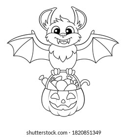 Happy Halloween. Halloween bat holding pumpkin with candies. Black and white vector illustration for coloring book