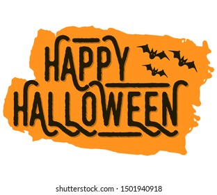 Happy Halloween with Bat on Orange Background. Concept Label, Banner, Art, Icon. Cartoon Vector Illustration.