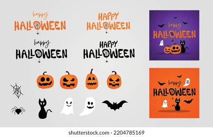 happy halloween bat pumpkin ghost spider black cat purple orange elements