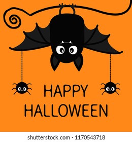 Happy Halloween. Bat Spiders insect hanging. Cute cartoon baby character with big open wing, ears, legs. Black silhouette. Forest animal. Flat design. Orange background. Greeting card. Vector