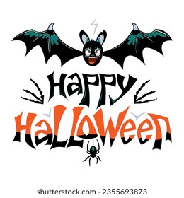 Feliz Halloween, murciélago y texto, pancarta vectorial, postal, pegatina