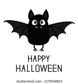 Happy Halloween. Bat vampire. Cute cartoon baby character with big open wing, ears, legs. Black silhouette. Forest animal. Flat design. White background. Isolated. Greeting card. Vector illustration