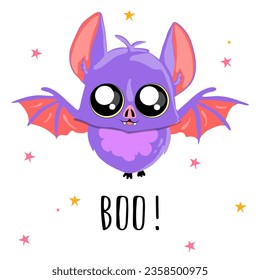 Feliz vampiro del murciélago de Halloween. Caricatura tierno de bebé con un gran ala abierta, orejas, piernas. Animales forestales. Letra de Halloween cita Diseño Vector Flat. Fondo blanco. Aislado. Tarjeta de felicitación.