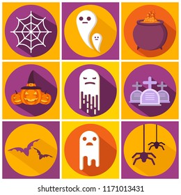 Happy halloween bat,ghost,witch's cauldron,spider web icon character.Holiday symbol.Pumpkin head lamp jack smiling.Bubbling potion flat vector.