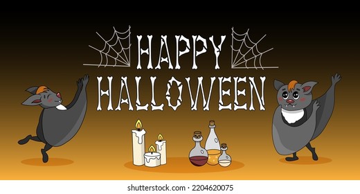 Happy halloween bats banner. Cute dancing bats at a Halloween party. Veсtor illustration.