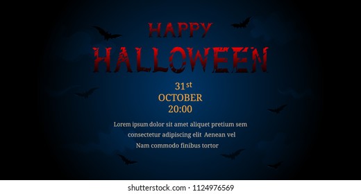 Happy halloween with bats and clouds on dark blue background